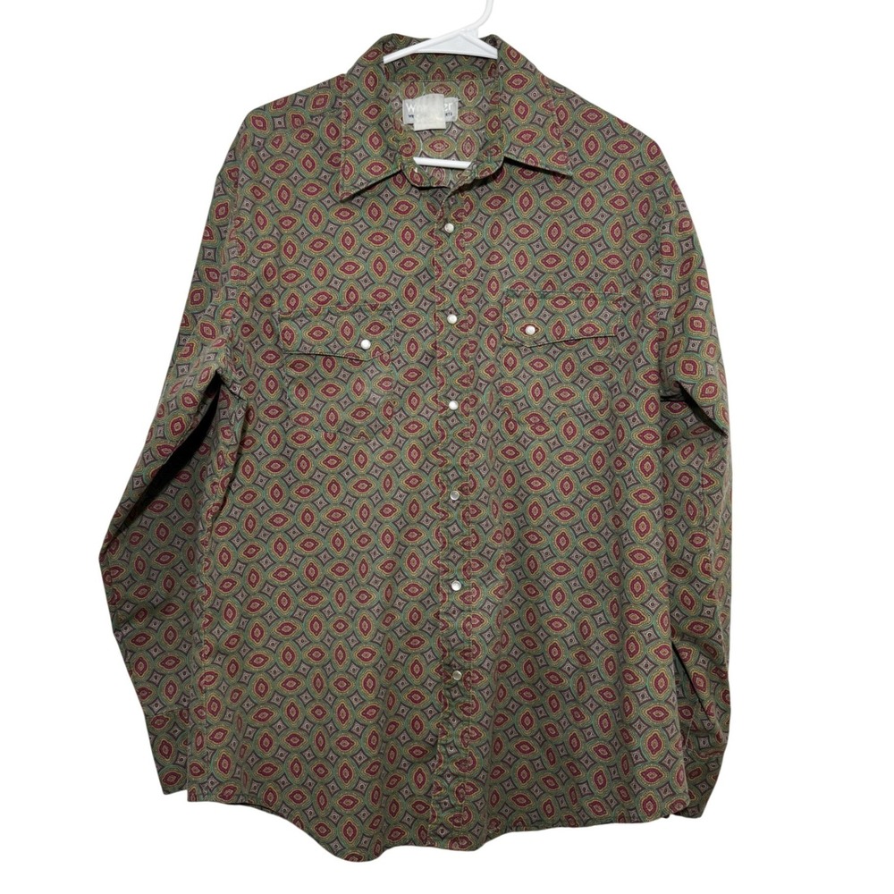 Wrangler Rancher Shirt Green Geometric Pearl Snap Men 2XL Western Cowboy Button
